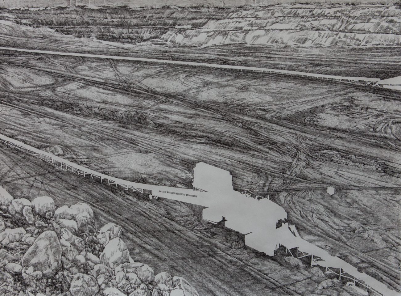 emmanuel henninger, openpit, hambach, allemagne, dessin, encre, noir, blanc, industrie, contemporain, art