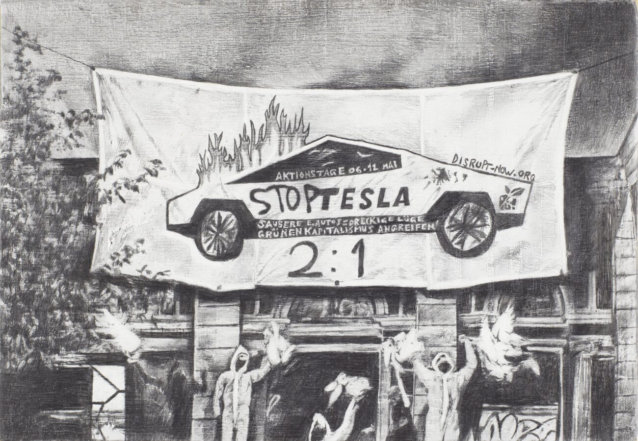 Tesla, stop, Berlin, Emmanuel Henninger, dessin, art, france, activisme, grunheide, contemporain, graphite, engagé